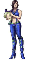 belly_button belly_button_piercing belt brown_hair costume green_hair heel_boots high_heel_boots jojo's_bizarre_adventure jolyne_kujo_(cosplay) mtf_transformation pants piercing red_sunday skinsuit stone_ocean tattoo transformation woman