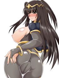 1girls anus ass back_view black_eyes black_hair blush bodystocking censored fire_emblem fire_emblem_awakening grabbing_own_ass heavy_blush hige_masamune large_ass large_breasts long_hair looking_at_viewer looking_back nintendo pussy see-through smile solo solo_female tharja_(fire_emblem) transparent_background