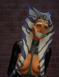 1girls 3d ahsoka_tano big_breasts blue_eyes bondage breasts captnjaz clothed clothing female_focus female_only gag gagged lingerie nipples revealing_clothes simple_background solo star_wars star_wars_rebels