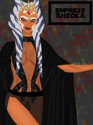 1girls ahsoka_tano ahsoka_tano_(imperial) cape captnjaz cleavage clothed clothing empress english_text female_focus female_only looking_at_viewer revealing_clothes simple_background sith sith_empress smile solo star_wars star_wars_rebels text watermark yellow_eyes