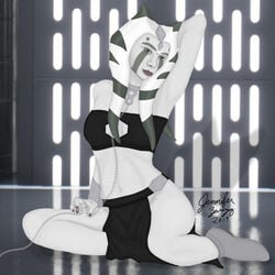 1girls captnjaz cleavage clone_wars clothing female_focus female_only looking_at_viewer pose revealing_clothes simple_background smile solo star_wars tagme togruta watermark