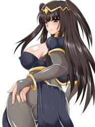 1girls ass back_view black_eyes black_hair bodystocking covered_nipples expressionless fire_emblem fire_emblem_awakening grabbing_own_ass hige_masamune large_ass large_breasts long_hair looking_at_viewer looking_back nintendo nipple_bulge solo solo_female tharja_(fire_emblem) transparent_background