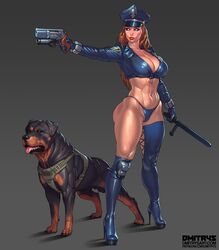 1animal 1girls abs asymmetrical_legwear badge baton big_breasts bikini_bottom blush bomber_jacket breasts brown_eyes canine cleavage clothed clothing colored cop dmitrys female feral firearm grey_background gun handgun hat heel_boots heels high_heels jacket lips long_hair looking_away makeup midriff muscular muscular_female navel nightstick orange_hair pale-skinned_female pale_skin pistol police police_hat police_uniform pouty_lips realistic revolver shiny shiny_clothes shiny_hair shiny_skin simple_background standing thick_thighs very_high_heels weapon