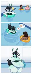 3girls antennae anthro belly_button big_ass big_belly big_breasts bikini bikini_bottom bikini_top black_eyes black_hair black_sclera blonde_hair blush bra brown_eyes brown_hair clothing comic dark-skinned_female dark_skin embarrassed eyebrows_visible_through_hair floatie floating green_skin grey_eyes hair_bun light-skinned_female light_skin long_hair looking_away maniacalfork medium_breasts onomatopoeia original_character original_characters overweight panties pool shell snail snail_girl speech_bubble swimming swimming_pool swimwear thick_thighs vore weight_gain white_skin wide_hips