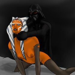 1boy 1girls ahsoka_tano all_fours anakin_skywalker bed big_breasts black_background blue_eyes breasts choking clothed clothing cult_(artist) darth_vader forced lingerie navel nipples on_bed rape simple_background spread_legs star_wars star_wars_rebels vaginal_penetration