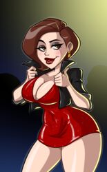 big_breasts brown_eyes brown_hair disney earrings eyeshadow helen_parr jacket milf no_bra no_panties phazyn pixar red_dress smooth_skin the_incredibles thick_thighs thunder_thighs