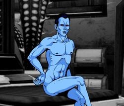 1boy crossed_legs detailed_background grand_admiral_thrawn looking_at_viewer male_focus male_only marionpoinsot34 muscular muscular_male nipples nude red_eyes solo solo_male star_wars star_wars_rebels