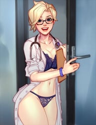 1girls 2d 2d_(artwork) 2d_artwork blizzard_entertainment blonde_hair blushypixy blushyspicy bra breasts cleavage doctor drawn female female_only full_cleavage g-string glasses huge_breasts labcoat lingerie looking_at_viewer mercy open_coat overwatch panties partially_clothed purple_lingerie solo solo_female stethoscope thick_thighs