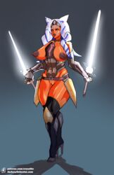 1girls ahsoka_tano big_breasts blue_eyes breasts cleavage clothed clothing curvy eraanthe female_focus female_only grey_background high_heels lingerie nipples plump_labia pose revealing_clothes simple_background solo star_wars star_wars_rebels watermark wide_hips