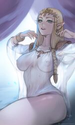 1girls big_breasts blonde_hair breasts clothing ear_piercing hair_ornament large_breasts long_hair medium_breasts nextoad nintendo nipples nipples_visible_through_clothing pointy_ears princess_zelda see-through see-through_clothing solo solo_female the_legend_of_zelda thighs white_dress zelda_(twilight_princess)