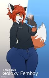 anthro ass big_ass blue_nails bulge cosplay ear_fluff earrings fat_ass femboy fingernails fox fox_ears fox_tail fur jeans kemono mascot meme nail_polish orange_fur parody polo_shirt red_hair samsung samsung_galaxy samsung_sam selfie shine smartphone solo solo_focus thick_ass thick_thighs tongue tongue_out vikifox vikifox_(artist) watch yellow_eyes