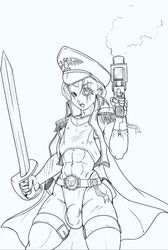 1boy androgynous artist_request astra_militarum bionic_eye black_body bolter bulge cap commissar cybernetics femboy gun imperial_guard imperium_of_man male male_only military scar scars sketch solo_male sword tagme thick_thighs thighhighs warhammer_(franchise) warhammer_40k weapon