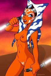 1girls ahsoka_tano big_breasts blue_eyes bold-n-brash breasts cleavage female_focus female_only hi_res lightsaber navel nipples nude pose pubic_tattoo simple_background skinny smile solo standing star_wars star_wars_rebels sword weapon white_lightsaber