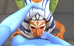 1girls 2boys 3d ahsoka_tano blue_eyes captnjaz deepthroat fellatio hi_res interspecies nude on_stomach oral pov pubic_hair simple_background star_wars star_wars_rebels throat_grab vaginal_penetration