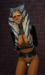 1girls 3d ahsoka_tano big_breasts blue_eyes bondage breasts captnjaz clothed clothing female_focus female_only gag gagged lingerie nipples revealing_clothes simple_background solo star_wars star_wars_rebels