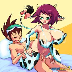 1boy 1girls blush cow_print female female_on_top geo_stelar green_eyes ichduhernz large_breasts male male/female mega_man mega_man_star_force reverse_cowgirl_position sonia_strumm straight tagme vaginal_penetration