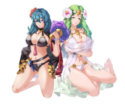 2girls alternate_costume artist_name big_breasts bikini black_bikini black_swimsuit blue_eyes blue_hair breasts byleth_(fire_emblem) byleth_(fire_emblem)_(female) byleth_(summer)_(fire_emblem)_(female) conope female female_only fire_emblem fire_emblem:_three_houses fire_emblem_heroes flower flower_in_hair green_eyes green_hair huge_breasts human human_only large_breasts looking_at_viewer multiple_girls nintendo rhea_(fire_emblem) rhea_(summer)_(fire_emblem) swimsuit thick_thighs thighs white_bikini white_swimsuit