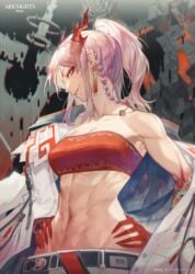 1girls abs arknights braided_hair clothed_female female horns muscular muscular_female nian_(arknights) overtonerhine ponytail tagme white_hair