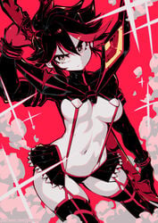 1girls black_hair cute garter_belt garter_straps hair_between_eyes kill_la_kill looking_at_viewer matoi_ryuuko parororo patreon red_background red_hair scissor_blade scissor_blade_(kill_la_kill) senketsu sparkles streaked_hair suspenders sword tagme underboob url weapon yellow_eyes