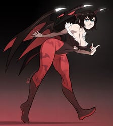 1girls bat_wings black_hair blue_eyes boots cleavage clothing cosplay crossover_cosplay darkstalkers female female_only head_wings hotel_transylvania large_breasts looking_at_viewer mavis_dracula milf morrigan_aensland_(cosplay) smile smirk solo thick_thighs triplexmile vampire voluptuous