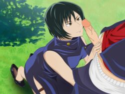 1boy 1girls 2021 2d artist_request black_hair breasts brown_eyes character clothed clothed_female clothed_male cock_worship day erection female green_hair handjob human human_only imminent_oral itadori_yuuji jujutsu_kaisen looking_at_another looking_at_partner looking_at_penis looking_up male male/female male_protagonist oral outercourse outside penis penis_out public_masturbation straight teenager zenin_mai