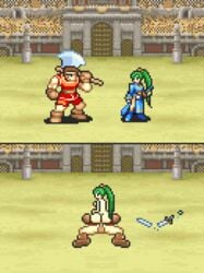 1boy 1girls 2koma alternate_ass_size animated arena ass backboob badatgarbage big_ass big_breasts big_dom_small_sub breasts broken_sword colosseum defeated defeated_heroine doggy_style female female_on_top fighter_(fire_emblem) fire_emblem fire_emblem:_the_blazing_blade gif green_hair highres in-game_background instant_loss_2koma large_ass lyn_(fire_emblem) male nintendo pixel_art sex sprite straight style_parody