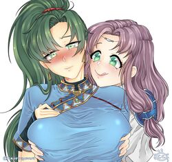 2girls blush breast_grab breasts clothed cryptid_crab double_breast_grab embarrassed female_only female_pervert fire_emblem fire_emblem:_the_blazing_blade florina_(fire_emblem) fully_clothed green_eyes green_hair groping groping_from_behind human large_breasts licking_lips lyn_(fire_emblem) lyndis_(fire_emblem) nintendo ponytail purple_hair yuri