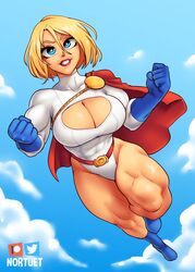 1girls big_breasts blonde_hair blue_eyes breasts cleavage cleavage_cutout clothed clothing curvy dc female_focus female_only hi_res kara_zor-l karen_starr looking_at_viewer medium_hair muscular muscular_female nortuet pose power_girl revealing_clothes simple_background smile solo solo_female superheroine superman_(series) watermark wide_hips