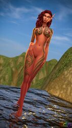 1girls blood_elf breasts elf female female female_only green_eyes hips legs looking_at_viewer necklace nipple_piercing nipples o_catnip pussy red_hair solo tattoo thighs warcraft world_of_warcraft wow