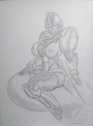 alien alien_girl big_breasts breasts busty curvaceous curves curvy curvy_body curvy_female curvy_figure honooafterdark machine nipples panties robot robot_girl sketch slash_(transformers) thick_legs thick_thighs topless transformers