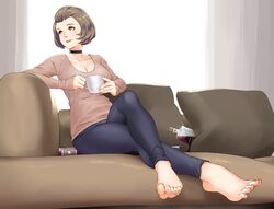 1girls alcohol alternate_costume bad_feet barefoot breasts brown_eyes brown_hair choker closed_mouth commission couch cup feet female fire_emblem fire_emblem:_three_houses foot_fetish full_body fully_clothed holding holding_cup igni_tion large_breasts legs long_sleeves looking_to_the_side manuela_casagranda medium_hair nintendo pillow solo_female