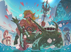 ambiguous_gender angry angry_sex biting blonde_hair blue_eyes breath_of_the_wild carrying ear_ring female heart heye_boy_devil_sphincter link link_(breath_of_the_wild) male male/male mipha muscular muscular_male muzu nintendo nude old_man rough_sex sidon_(zelda) the_legend_of_zelda trident water yaoi younger_penetrating_older zora