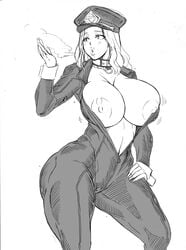 1girls ando_hiroyuki bodysuit busty camie_utsushimi catsuit cleavage female female_focus female_only hero_outfit_(mha) hourglass_figure monochrome my_hero_academia nipples shiketsu_high_school_cap solo tagme unzipped unzipped_bodysuit wide_hips wrist_cuffs