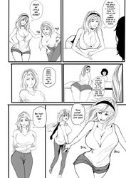 2girls annabelle_(jaw) breast_expansion breasts comic dialogue female female_only huge_breasts isabelle_(jaw) just-add-water99 monochrome original original_character yuri