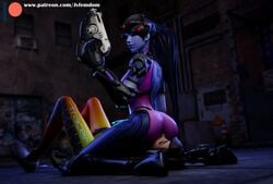 3d 3d_(artwork) asphyxiation ass breath_play eyewear_on_head face_in_ass facesitting female female_domination femdom gun jvfemdom overwatch ponytail sitting sitting_on_face sitting_on_person smothering suffocation thick_ass torture tracer widowmaker