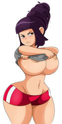 angry angry_face areola_slip areolae beehive_hairdo belly belly_button big_breasts big_hips big_thighs blush breasts closed_mouth command_grab cowboy_shot curvaceous curvy dark_areola eyebrows grey_shirt half-closed_eyes hi_res high_resolution highres huge_breasts huge_hips huge_thighs large_breasts navel navel_line nipples nuclearwasabi puffy_areola purple_hair red_shorts shiny_hair shirt shirt_lift short_shorts shorts simple_background sonson-sensei thick_thighs thighs tied_hair undressing white_background wide_hips