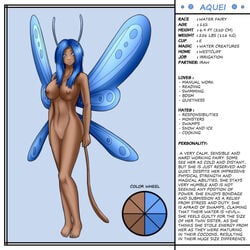 antennae aquei_(fvt) big_breasts blue_eyes blue_hair bobbydando character_profile character_sheet cheek_markings color_palette dark-skinned_female dark_skin eldrik_aethervial fairies_vs_tentacles fairy no_pupils tail text wings