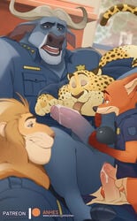 4boys anal anal_penetration anal_sex anhes anthro balls benjamin_clawhauser buffalo cheetah chief_bogo clothed_sex clothing cum cum_in_ass cum_inside disney double_penetration fellatio fox gay horn leodore_lionheart licking lion male male/male male_only nick_wilde open_mouth oral_sex orgy partially_clothed penis police police_officer police_uniform red_fur yaoi zootopia