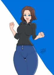 beginner blue_eyes blue_pants brown_hair dflt dress dressed female girl mascot samsung samsung_sam solo solo_female