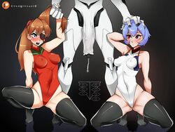 1boy 2girls adapted_costume angry asuka_langley_sohryu black_eyepatch black_glans black_nails black_thighhighs blush breasts brown_hair cheating clothing condylonucla duo_focus erect_nipples erect_nipples_under_clothes eyepatch faceless_male female female_human fingernails hair_grab hanging_penis head_grab head_out_of_frame huge_cock human imminent_sex interface_headset leotard light-skinned_female light_skin long_brown_hair long_hair maledom mass_production_eva nail_polish neon_genesis_evangelion nervous netorare penis_to_the_knees penis_vein perky_breasts plugsuit precum_drip purple_hair rebuild_of_evangelion red_leotard rei_ayanami seele short_purple_hair sleeveless sleeveless_leotard small_breasts spread_legs squatting stockings tagme the_end_of_evangelion thighhighs thong_leotard white_leotard white_penis wide_hips