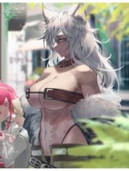 1boy 2girls armpit armpit_peek big_breasts bikini_armor bikini_top collar dark-skinned_female dark_skin female female_focus ghislaine_dedoldia long_hair looking_at_viewer male multiple_girls mushoku_tensei nekomimi overtonerhine red_eyes revealing_clothes skimpy skimpy_bikini skimpy_clothes skimpy_outfit solo_focus tagme thong voluptuous white_hair white_sclera