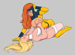 2girls areolae barefoot big_breasts blanclauz blonde_hair bodysuit bra breast_grab breasts breasts_out busty choker cleavage closed_eyes emma_frost eyelashes female female_focus female_only garter_belt green_eyes hanging_breasts hourglass_figure jean_grey large_breasts lingerie long_hair marvel marvel_comics missionary_position multiple_girls nipples open_mouth plain_background red_hair redhead sex skin_tight smile stockings strap-on superheroine thighhighs vaginal_penetration white_lingerie white_queen white_stockings wide_hips x-men yuri