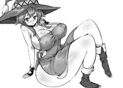 1girls big_breasts blush breasts chiroru eye_contact female greyscale huge_breasts huge_thighs kono_subarashii_sekai_ni_shukufuku_wo! looking_at_viewer megumin monochrome nipple_bulge thick_thighs voluptuous wide_hips witch_hat