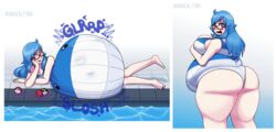 1girls angry ass belly_bulge big_ass big_belly big_breasts big_butt blue_hair blush brown_eyes closed_eyes clothing eyebrows_visible_through_hair eyelashes eyes_closed female female_focus game_freak glasses huge_belly long_hair maniacalfork nintendo onomatopoeia original_character pokeball pokemon pool poolside simple_background smile smug swimsuit thick_thighs tight_clothing tight_fit video_games vore wailord water watermark weight_gain wide_hips