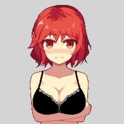 1:1 1girls animated blush bra breasts embarrassed female furumero large_breasts looking_at_viewer nervous no_sound nude_female pixel_art raiko_horikawa red_eyes red_hair shorter_than_30_seconds solo touhou undressing upper_body video