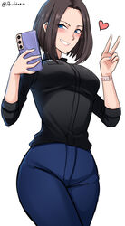 artist_name black_shirt blue_eyes blue_pants blush brown_hair devilukez female heart high_resolution holding_phone pants phone samsung samsung_sam smile tight_pants twitter_username v