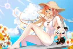 admiral_bahroo ice_cream long_hair panda samantha_(admiral_bahroo) sea seaside straw_hat swimsuit virtual_youtuber yuniiho