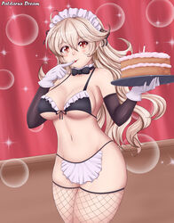 1girls apron blonde_hair blush bow bowtie breasts bubbles cake choker cleavage corrin_(fire_emblem) corrin_(fire_emblem)_(female) dessert detached_sleeves female female_only fire_emblem fire_emblem_fates fishnet_legwear fishnets frilled_choker frills gloves hair_between_eyes hairband highres large_breasts long_hair maid maid_bikini maid_headdress navel nintendo patdarux platter pointy_ears red_eyes revealing_clothes skimpy_clothes smile solo sparkle stockings strawberry thighhighs tongue tongue_out white_gloves