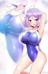 1girls arms_behind_head big_breasts breasts busty clothed indie_virtual_youtuber kneeling light-skinned_female light_skin mikado_momo one-piece_swimsuit pose purple_hair solo solo_female swimsuit tight_fit virtual_youtuber zoom_layer