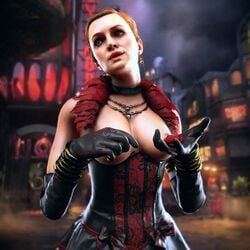 1girls blood blue_eyes breasts call_of_duty call_of_duty_black_ops_3 call_of_duty_zombies flickytuts gloves holding holding_flower jessica_rose looking_away necklace pinup red_hair rose_(flower) solo_female